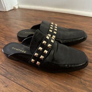 Black Crocodile Gold Studded slide loafers, Sz: 6.5